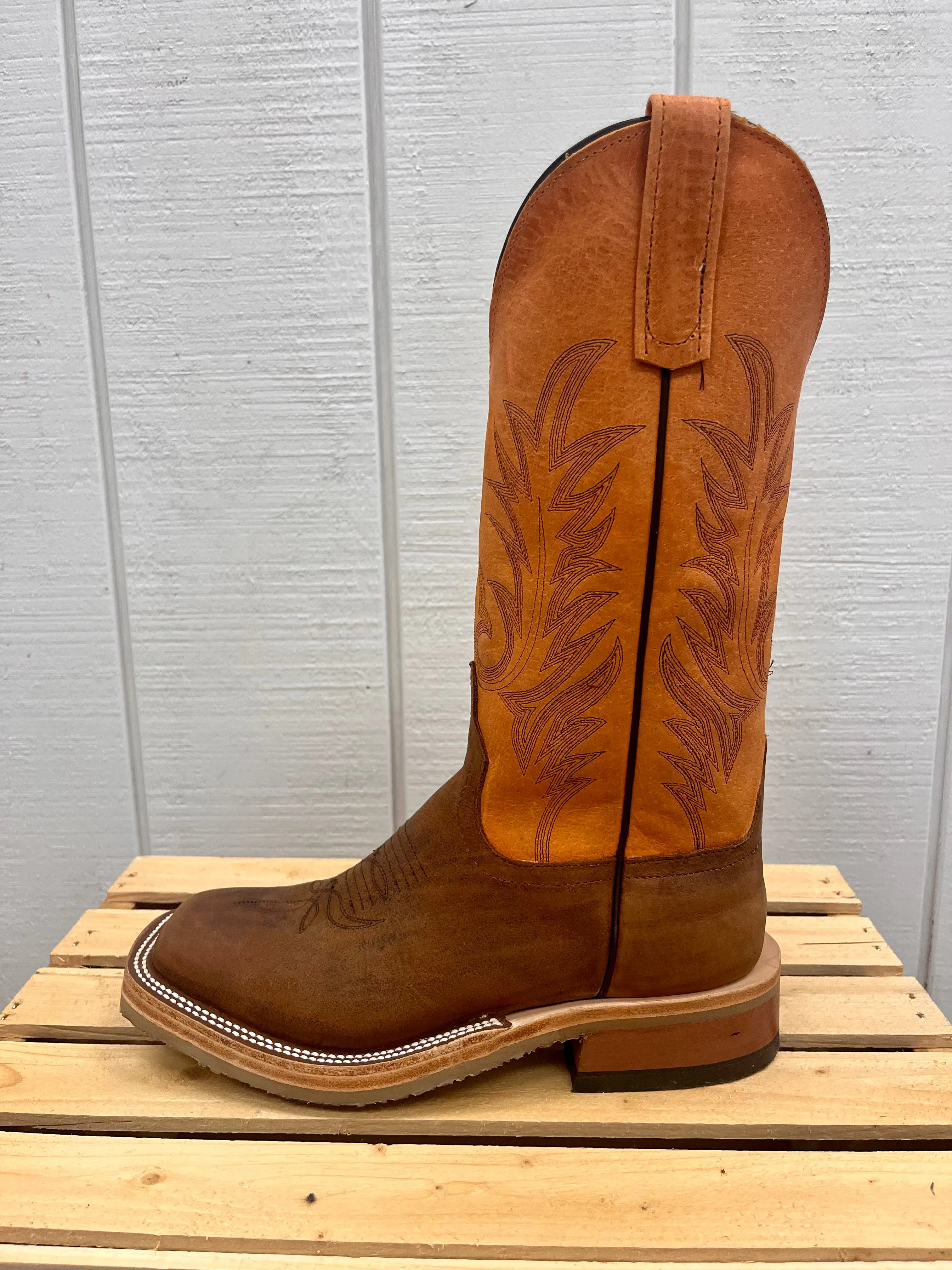 Anderson Bean Men's Brown Saddle Elk Leather & Orange Top Square Toe Crepe Sole Cowboy Boots 336979