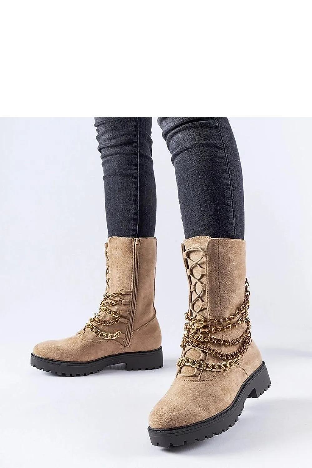 Beige insulated ankle boots with a chain