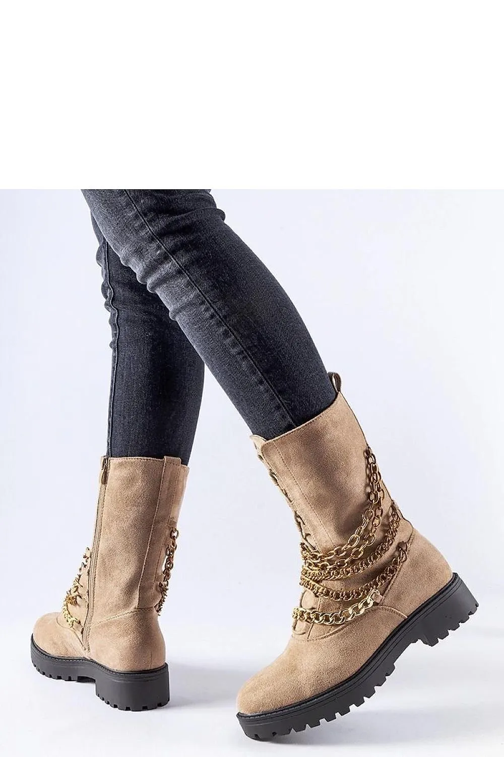 Beige insulated ankle boots with a chain