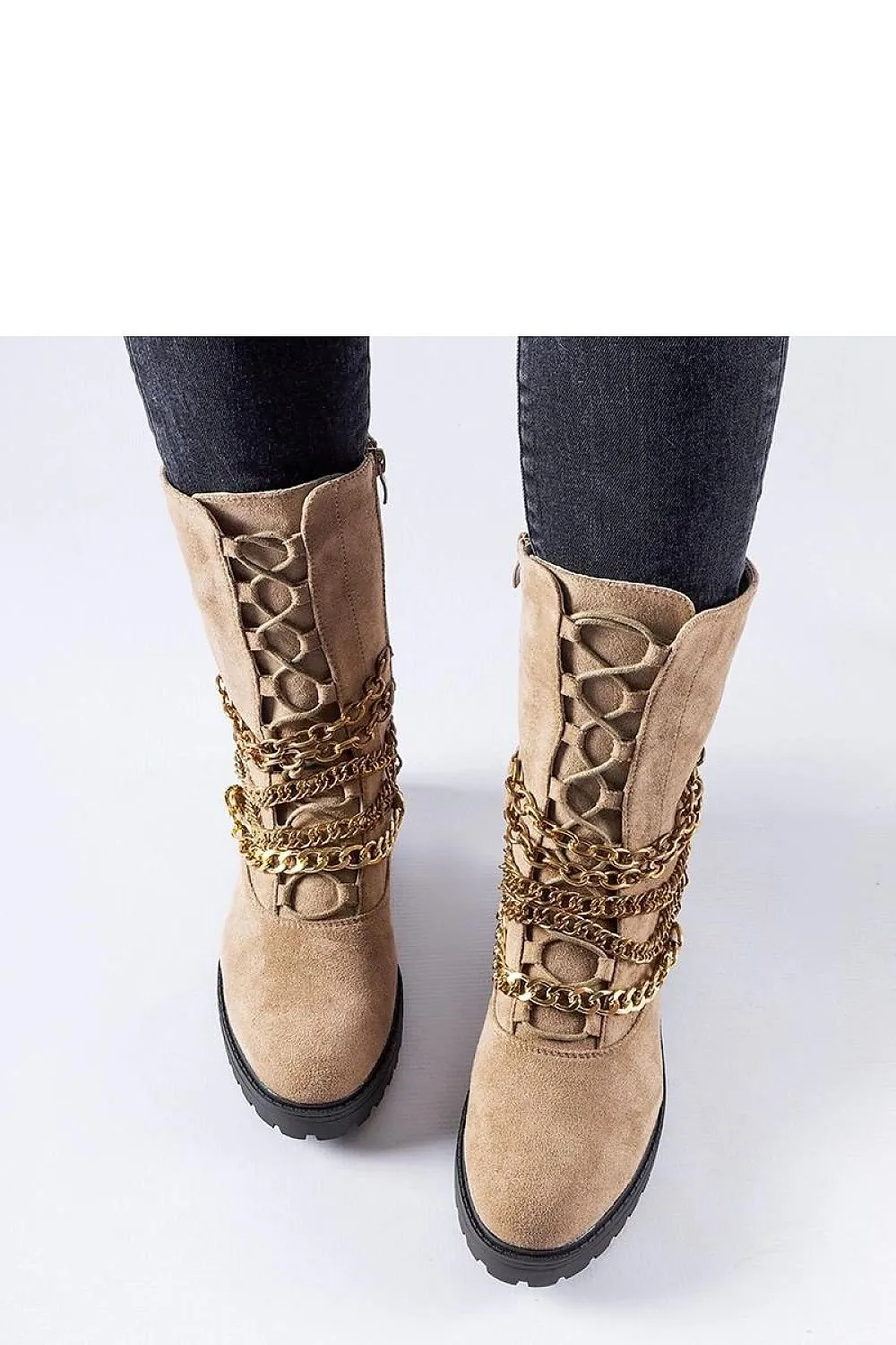 Beige insulated ankle boots with a chain