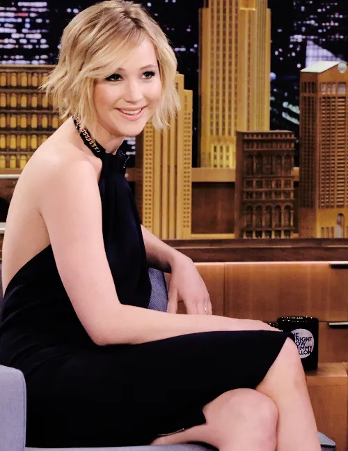 Black Jennifer Lawrence Halter Dress Open Back Prom Celebrity Inspired Party Dress on Jimmy Fallon