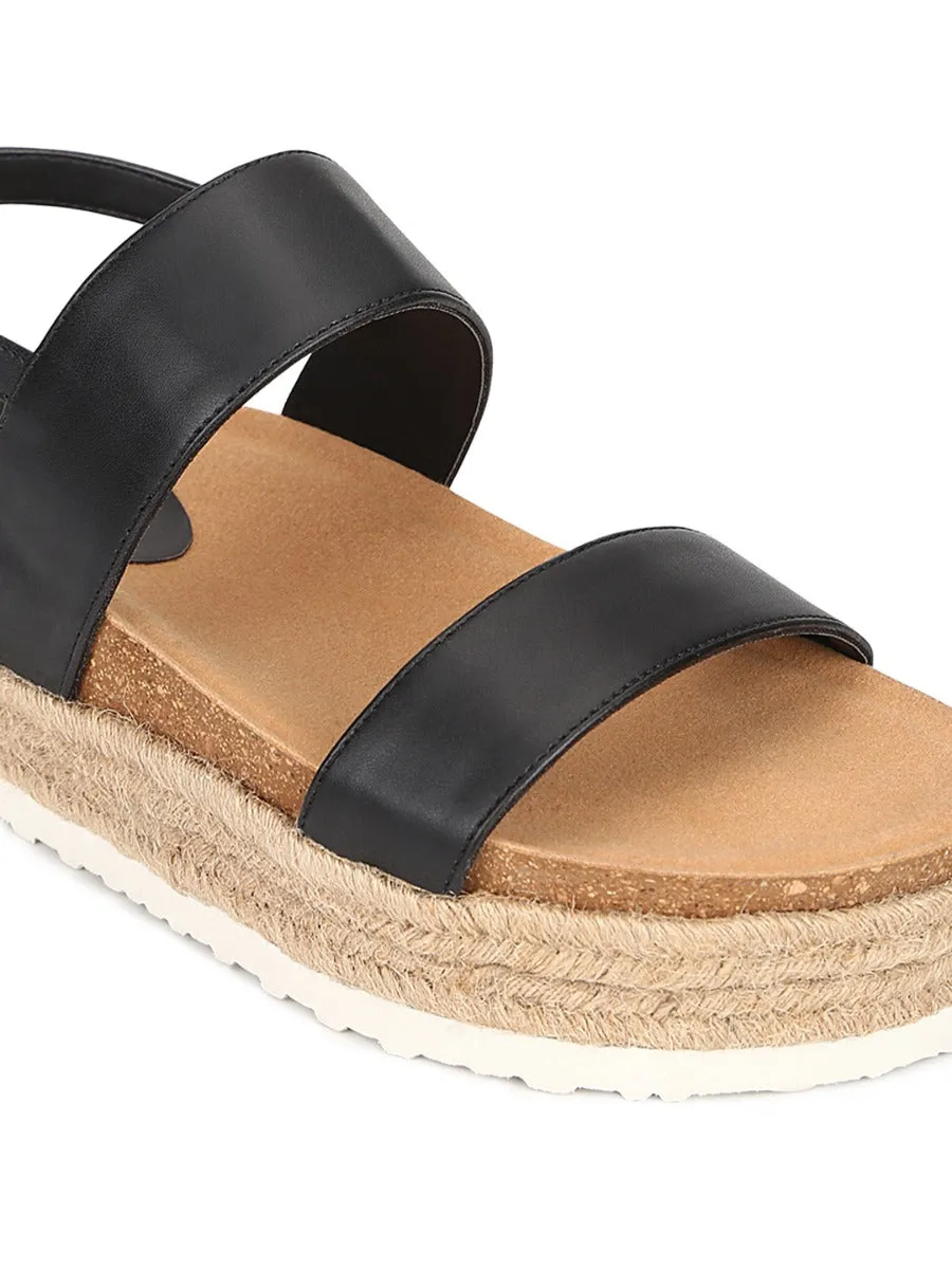 Black PU Platform Wedges With Back Strap Espadrilles Sandals