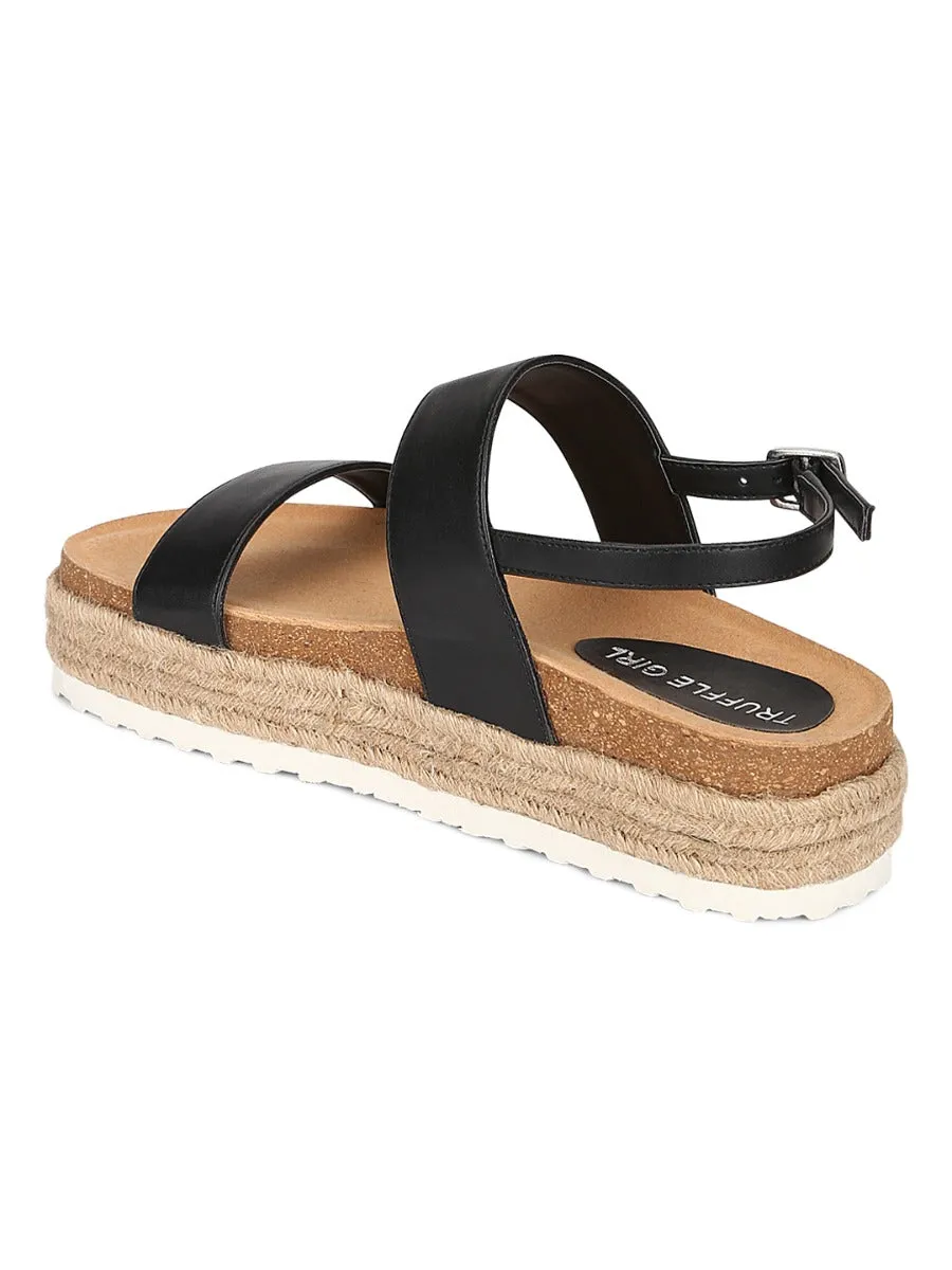 Black PU Platform Wedges With Back Strap Espadrilles Sandals