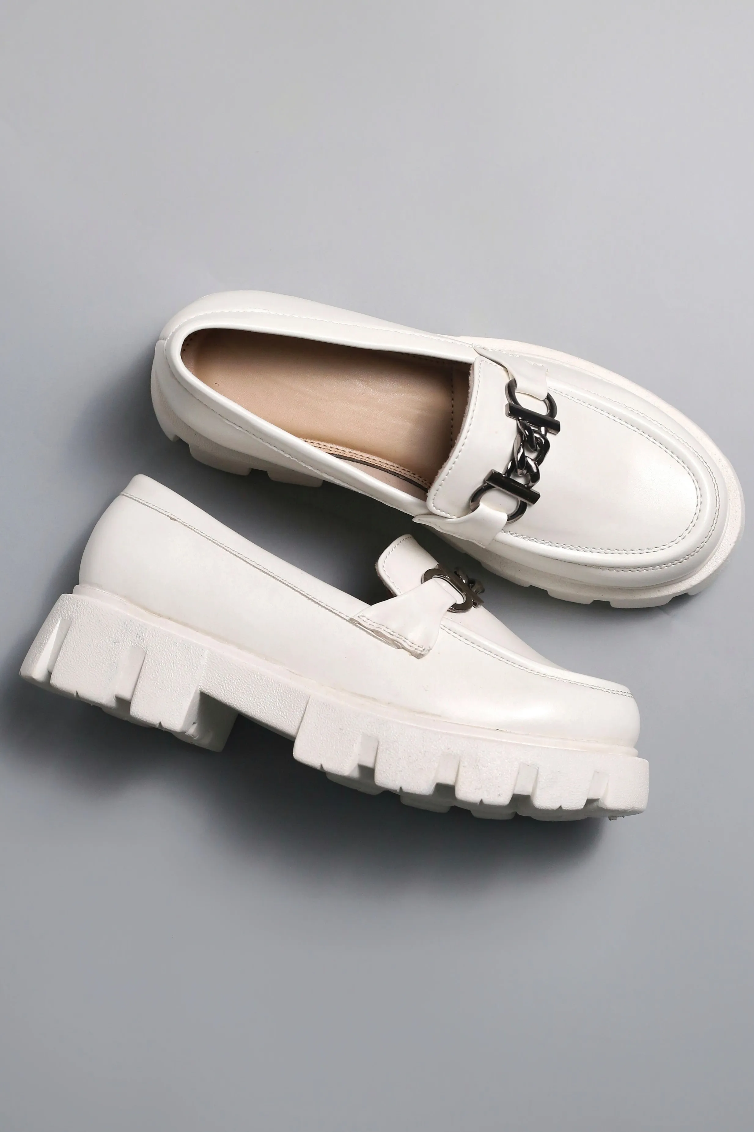Brauch White Solid Buckle Embellished Loafer Shoe