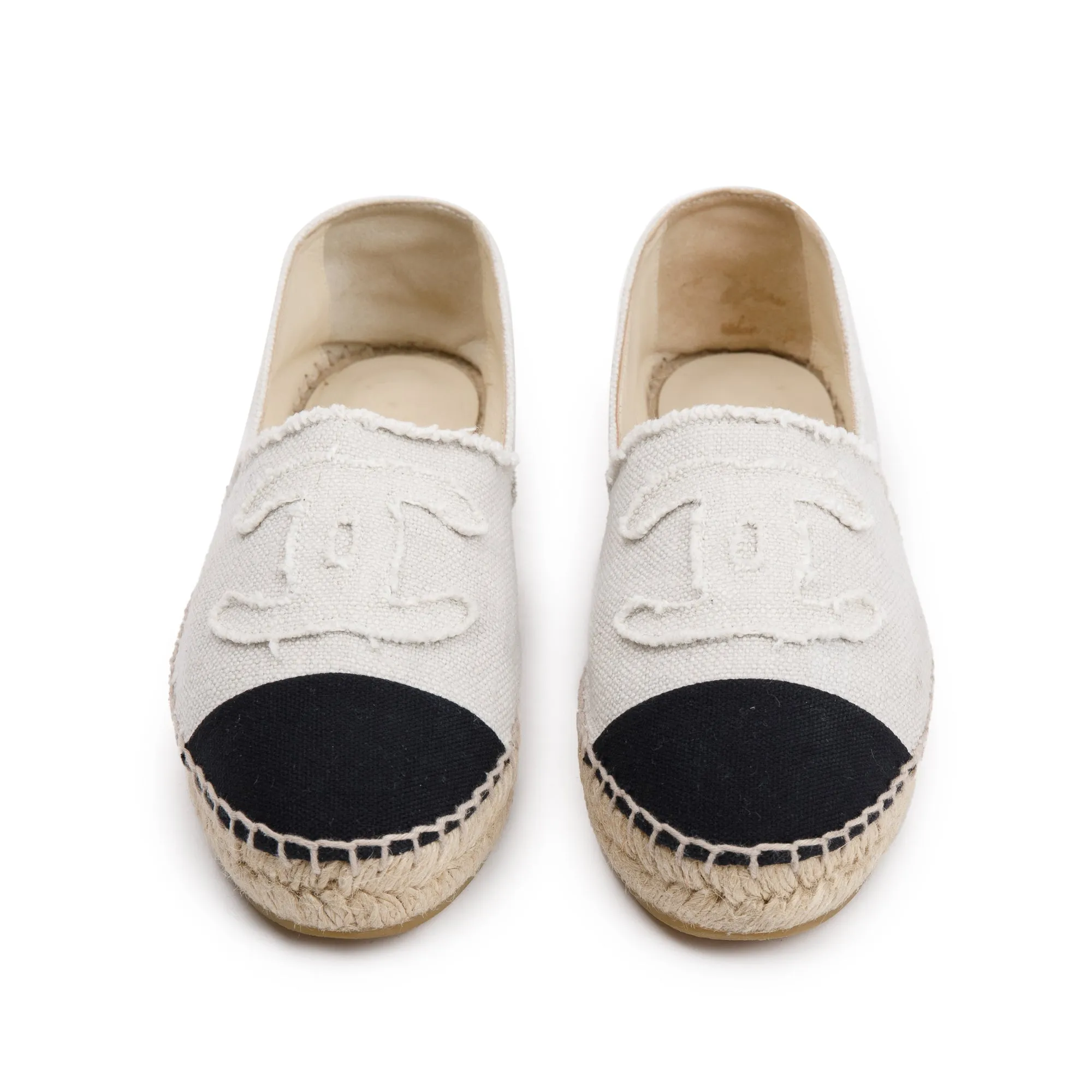 Chanel Beige/Black Canvas Interlocking CC Logo Espadrilles, Size 37 w/ Box