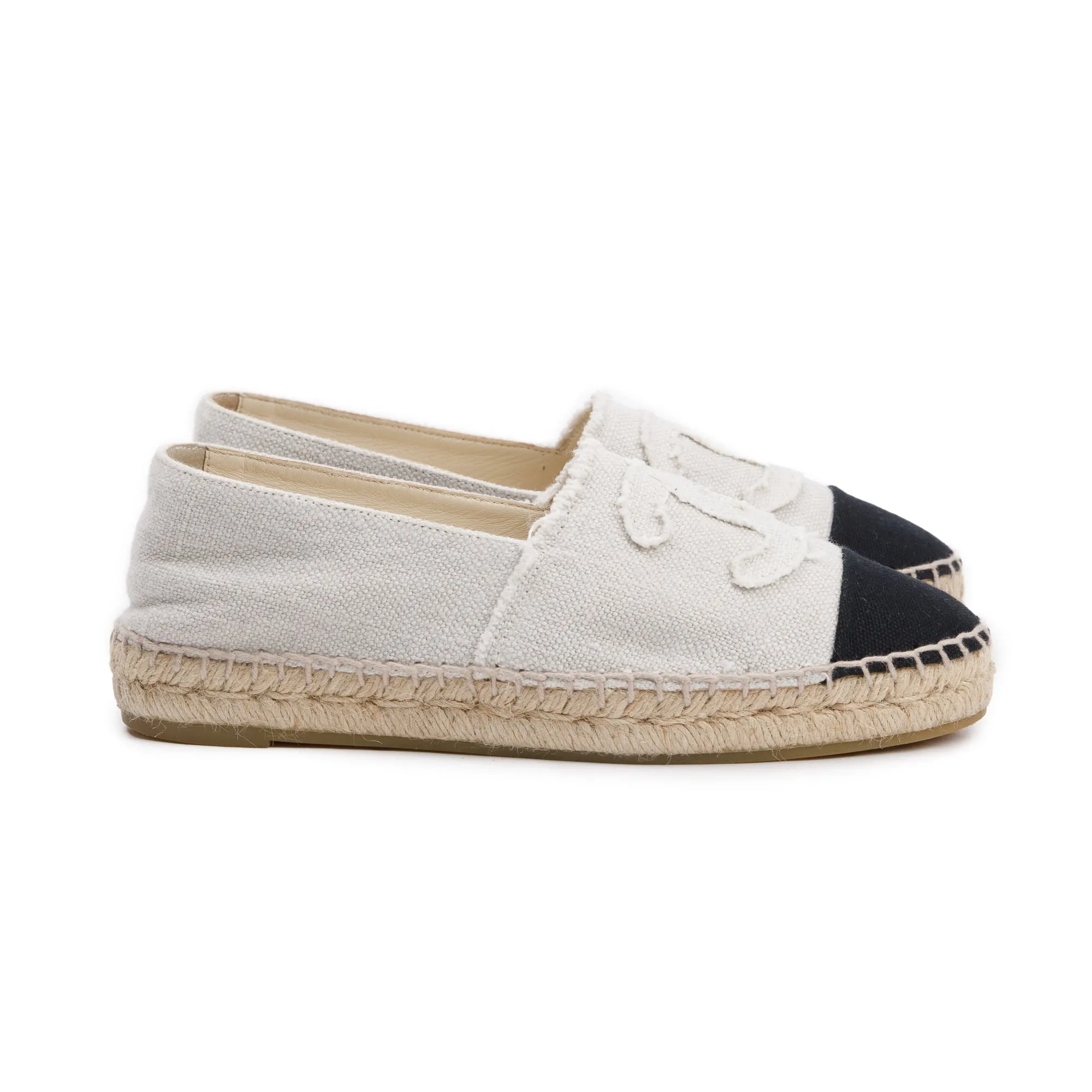 Chanel Beige/Black Canvas Interlocking CC Logo Espadrilles, Size 37 w/ Box