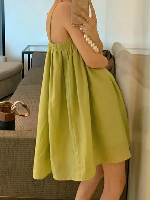 Chicmy-Pleated Solid Color Loose Sleeveless Spaghetti-Neck Slip Dress Mini Dresses