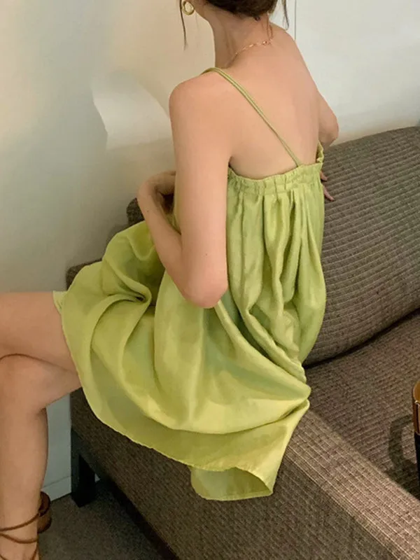 Chicmy-Pleated Solid Color Loose Sleeveless Spaghetti-Neck Slip Dress Mini Dresses