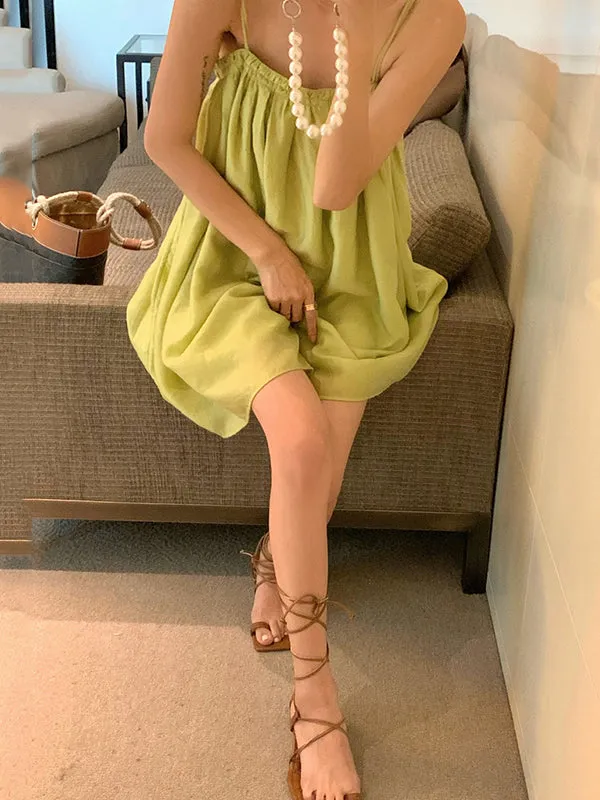 Chicmy-Pleated Solid Color Loose Sleeveless Spaghetti-Neck Slip Dress Mini Dresses