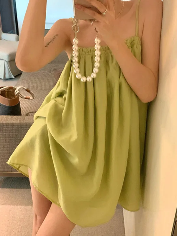 Chicmy-Pleated Solid Color Loose Sleeveless Spaghetti-Neck Slip Dress Mini Dresses