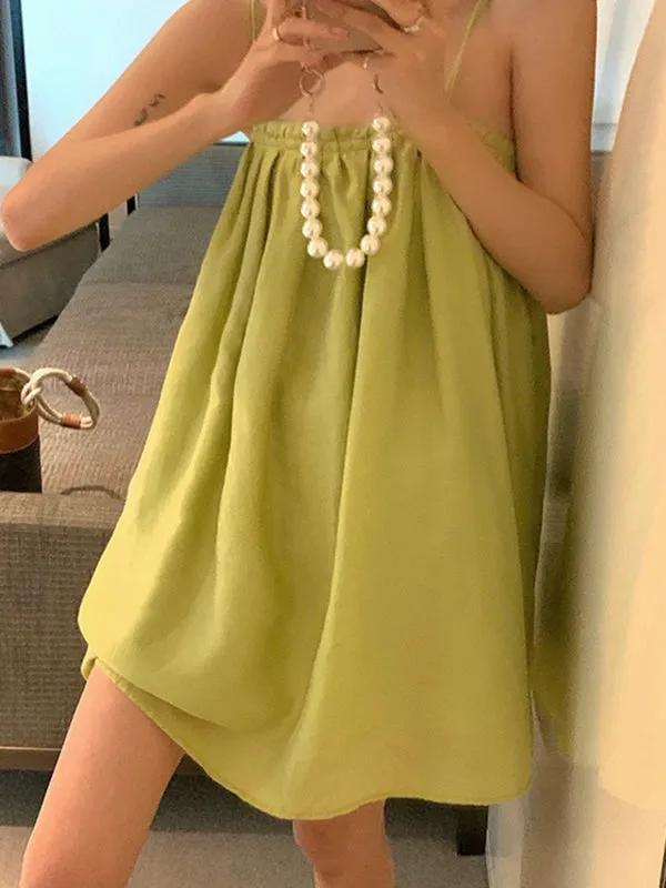 Chicmy-Pleated Solid Color Loose Sleeveless Spaghetti-Neck Slip Dress Mini Dresses