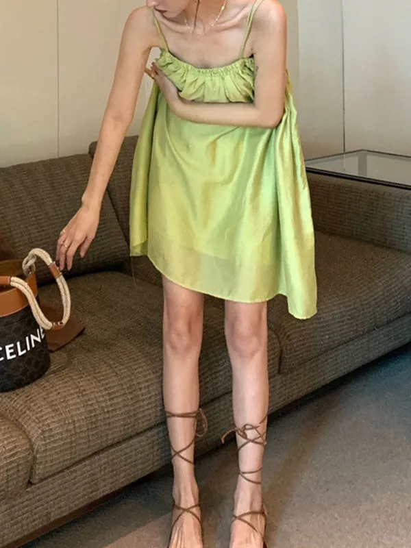 Chicmy-Pleated Solid Color Loose Sleeveless Spaghetti-Neck Slip Dress Mini Dresses