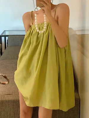 Chicmy-Pleated Solid Color Loose Sleeveless Spaghetti-Neck Slip Dress Mini Dresses