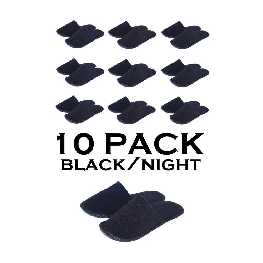 Chochili Black 10 Pairs Fabric Packed Terry Cotton Disposable Hotel Slippers for Airbnb Spa Wedding Guests Adult Men Women Size 10-11