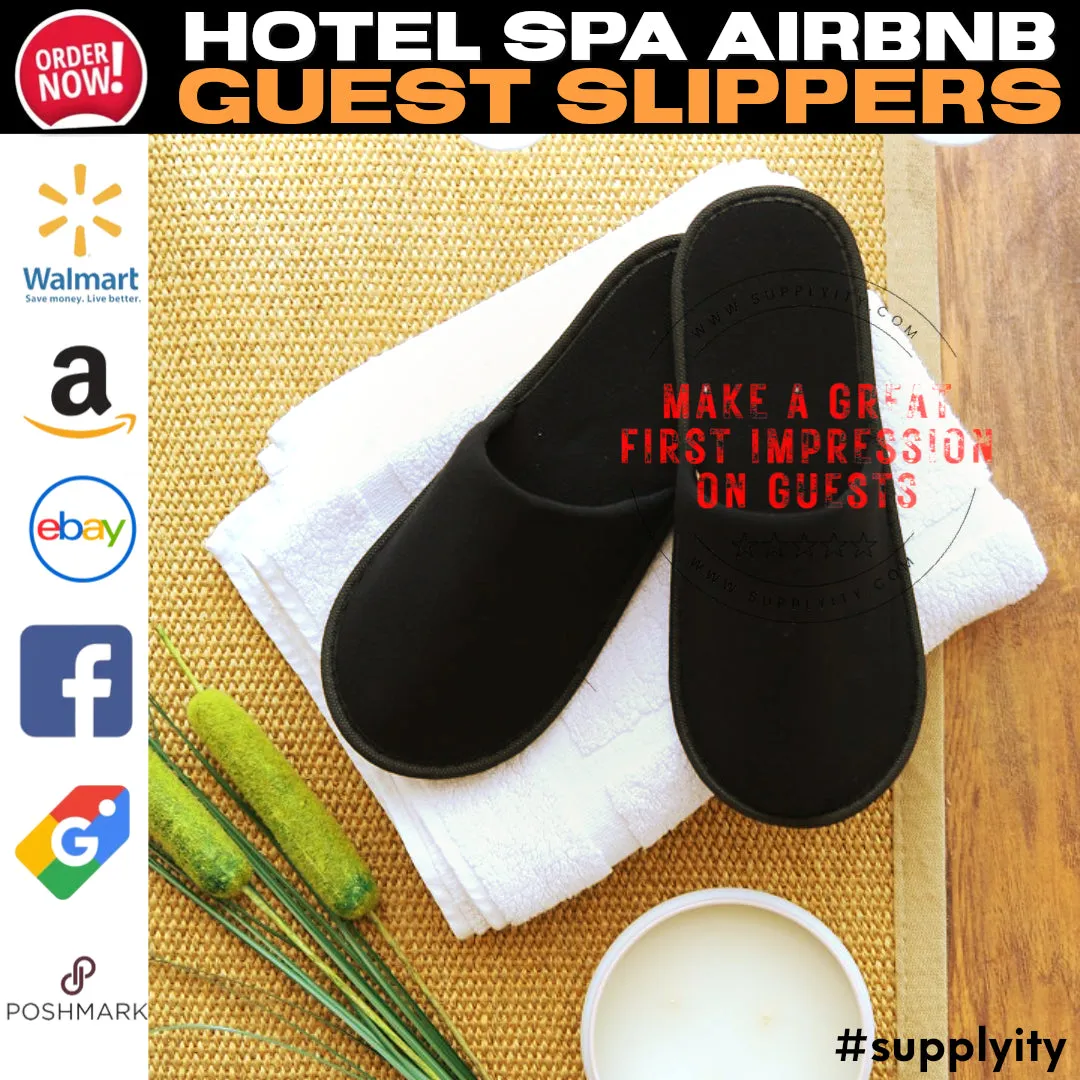 Chochili Black 10 Pairs Fabric Packed Terry Cotton Disposable Hotel Slippers for Airbnb Spa Wedding Guests Adult Men Women Size 10-11