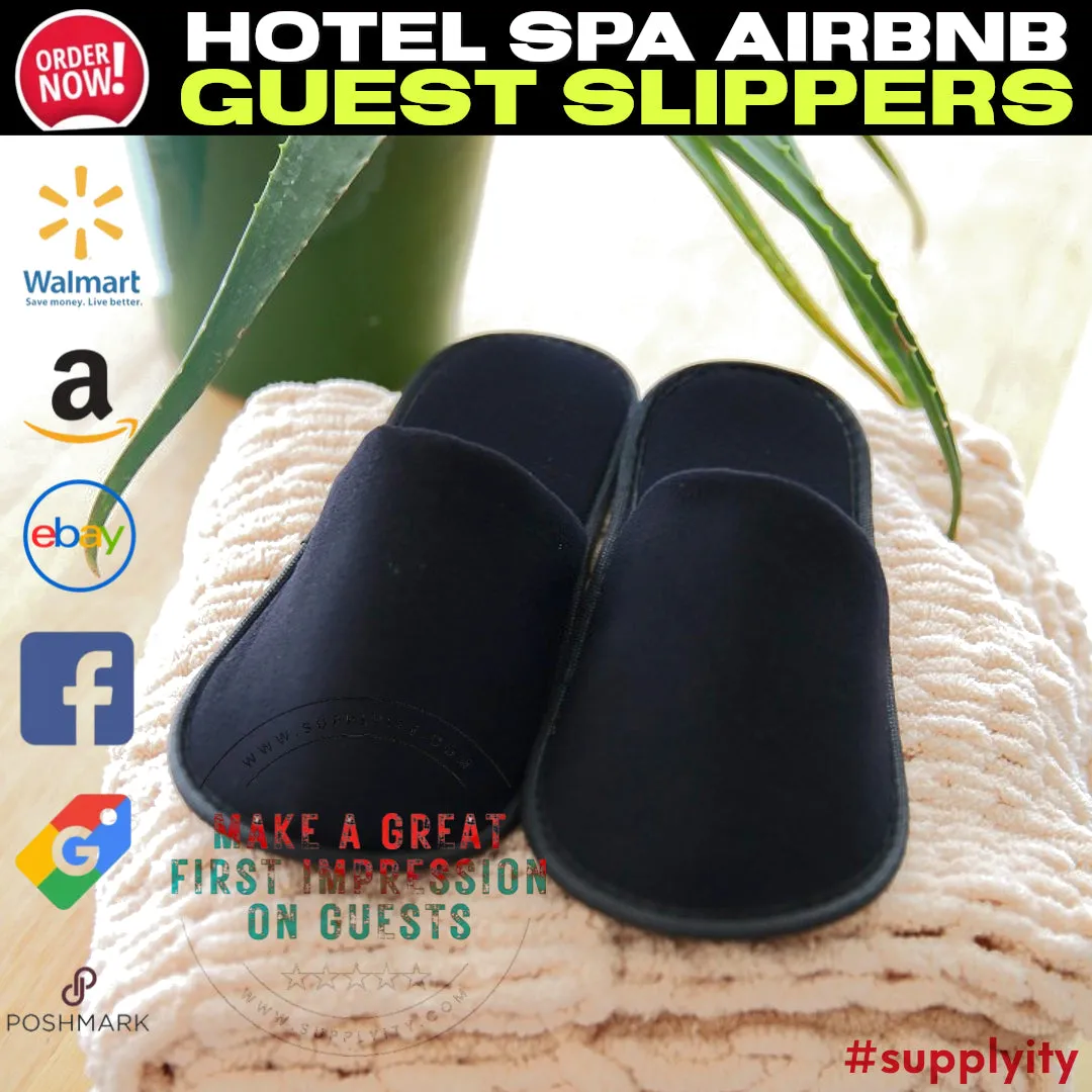 Chochili Black 10 Pairs Fabric Packed Terry Cotton Disposable Hotel Slippers for Airbnb Spa Wedding Guests Adult Men Women Size 10-11