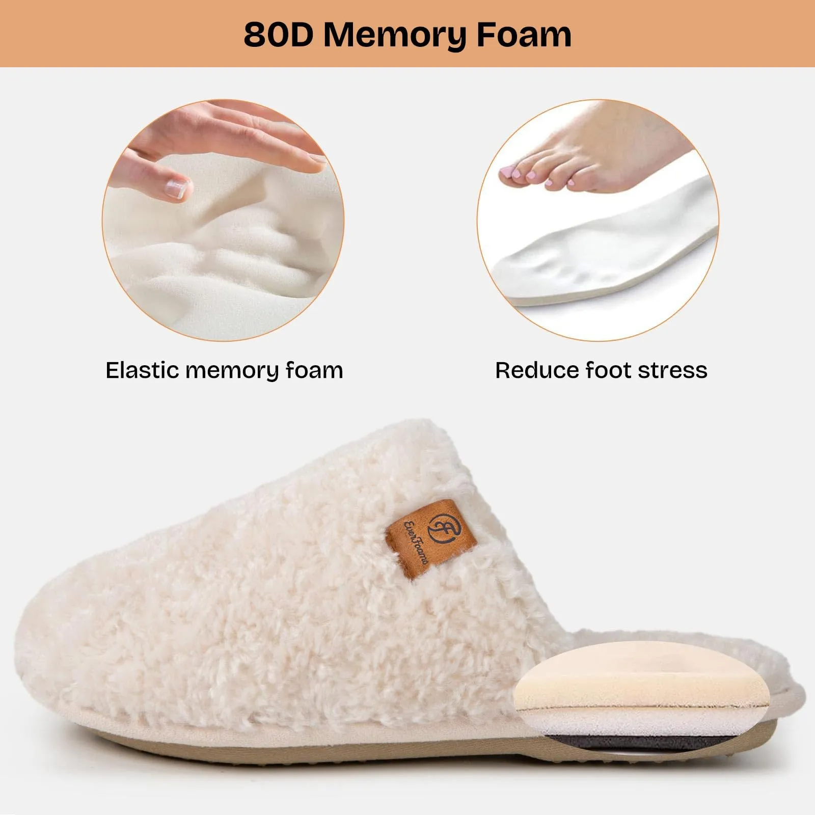 EverFoams Women's Fuzzy Slip-on Slippers Warm Cozy Soft Lightweight Memory Foam Indoor House Shoes Cream White, 7-8 US