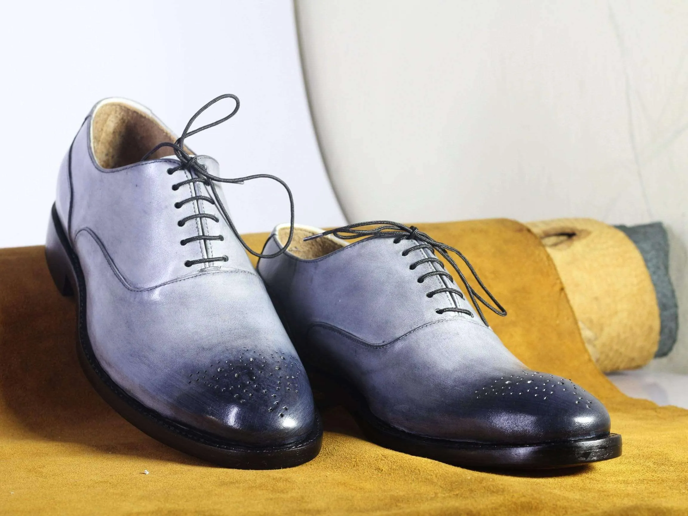 Handmade Men's Silver Brogue Toe Leather Lace Up Shoes