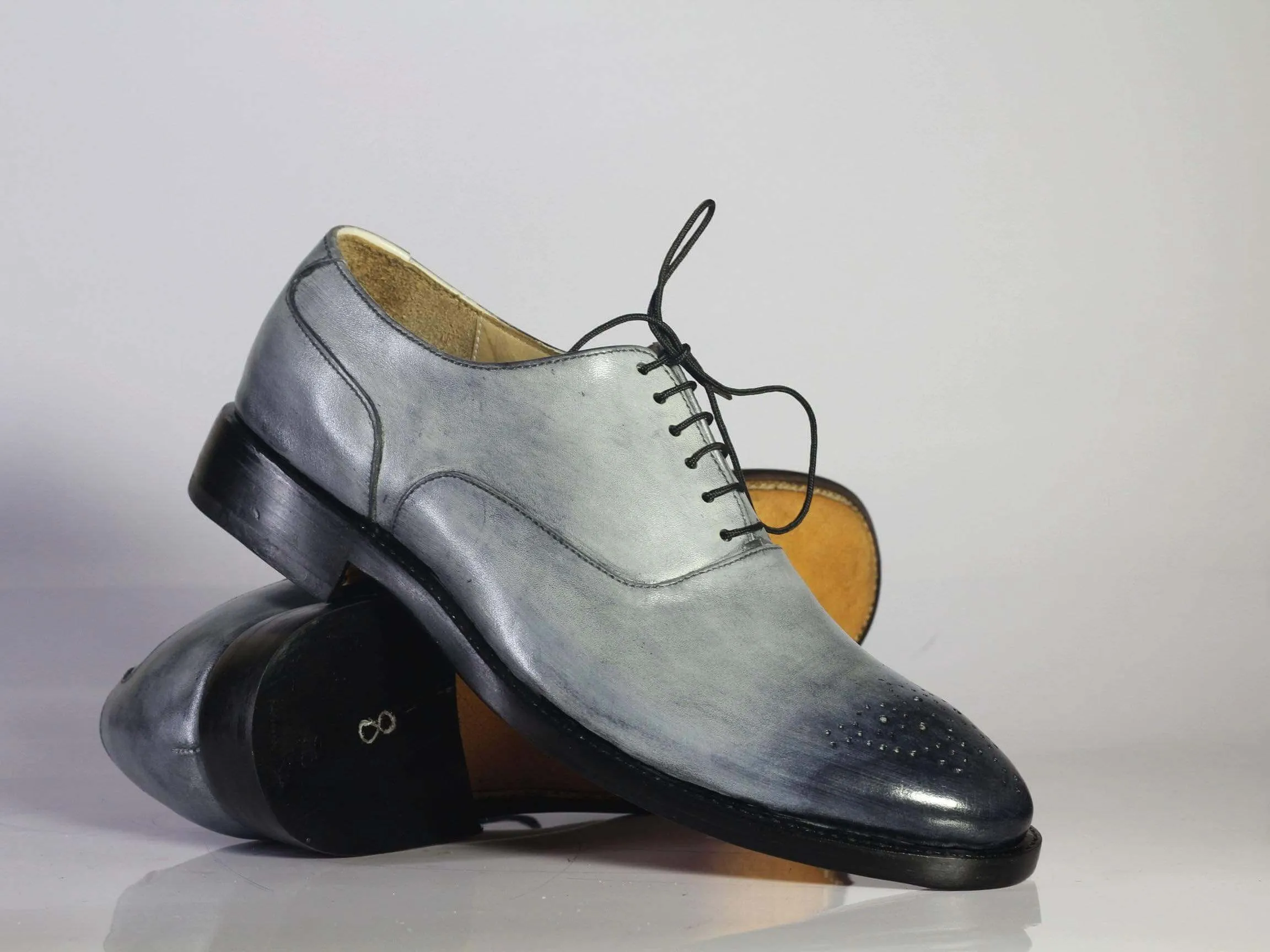Handmade Men's Silver Brogue Toe Leather Lace Up Shoes
