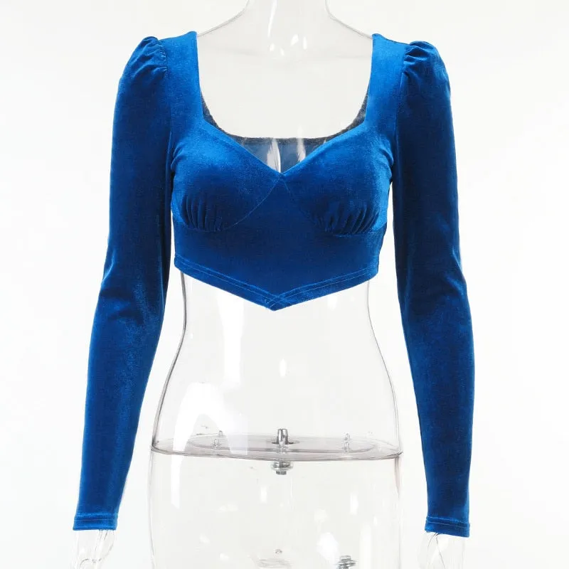 Joskaa Fantoye Velvet Sexy Low Chest Women Tops Blue Long Sleeve Square Collar Short Tops Women Spring Bodycon Elegant Streetwear 2024