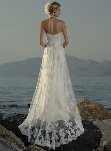 Lace Over Tulle Halter Beach Wedding Dress with Ribbon Sash