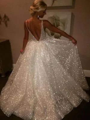 Long Bling Prom Dresses V Neck Sparkly Evening Dresses