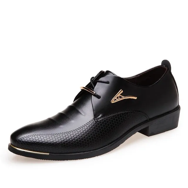 Men's business leather lacing shoes with pointed toes and low tops fish
