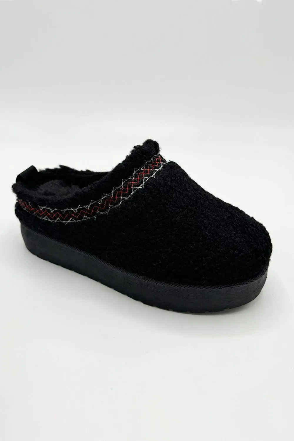 Ovellas Teddy Fabric Flatform Cosy Slippers in Black
