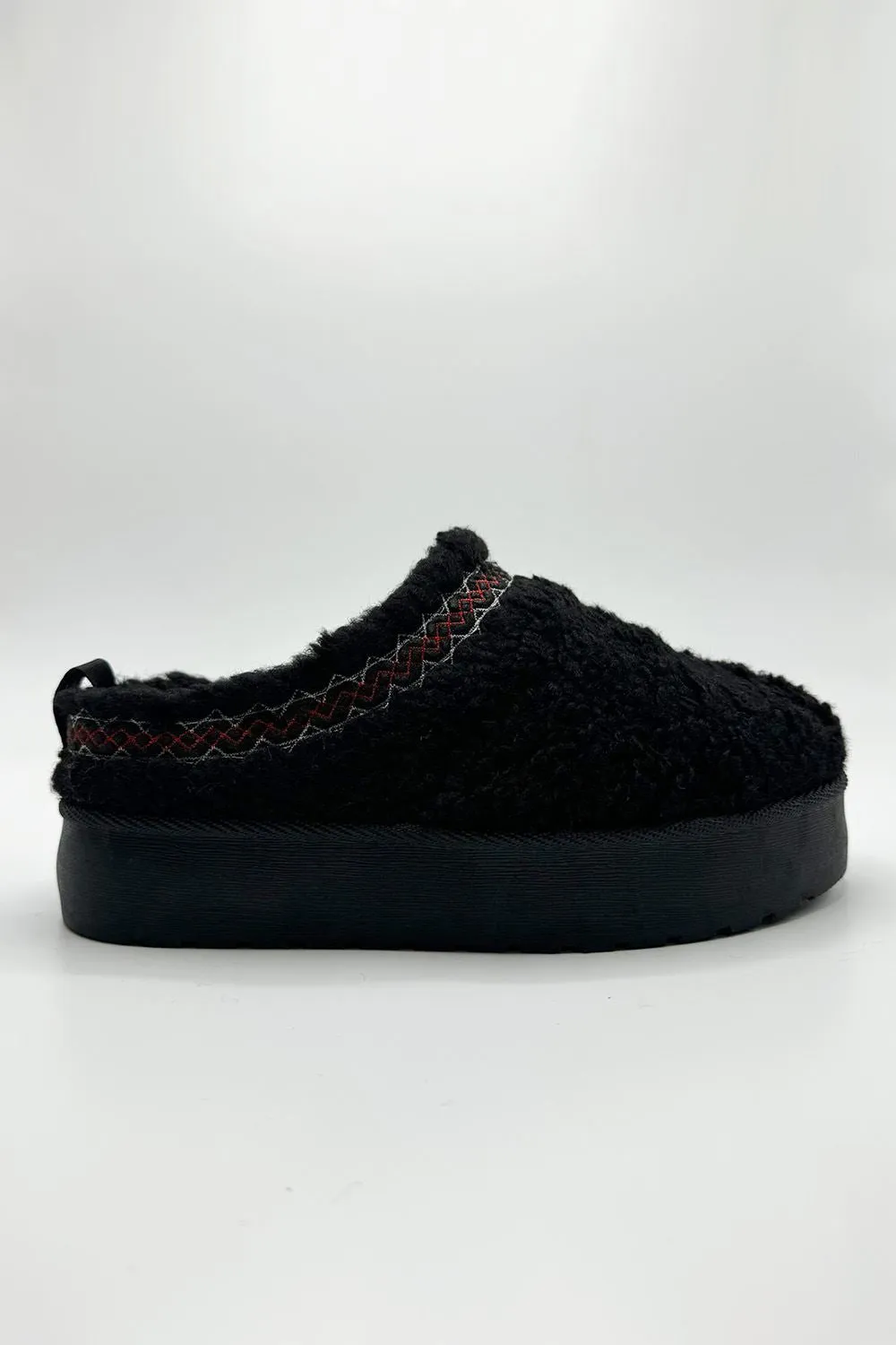Ovellas Teddy Fabric Flatform Cosy Slippers in Black