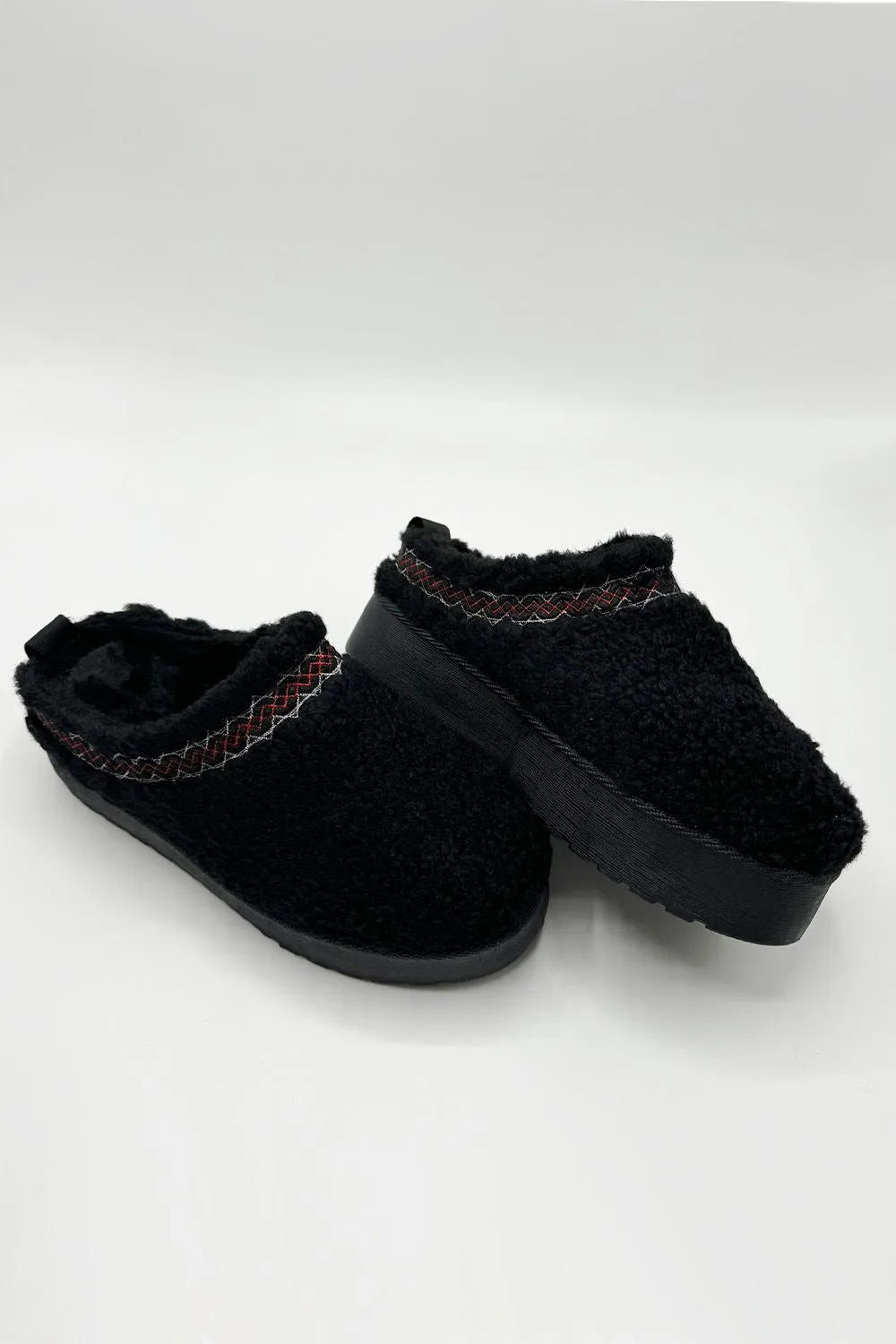 Ovellas Teddy Fabric Flatform Cosy Slippers in Black