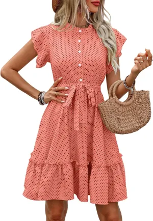 Polka Dot A-Line Midi Dress Womens Summer Belted Lace Sleeve Dress,Breathable Fabric, Button Front