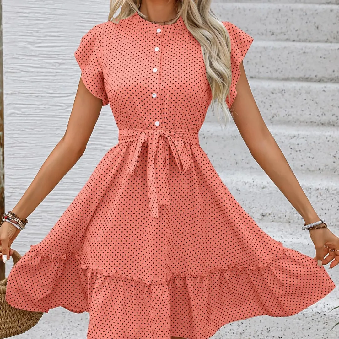 Polka Dot A-Line Midi Dress Womens Summer Belted Lace Sleeve Dress,Breathable Fabric, Button Front
