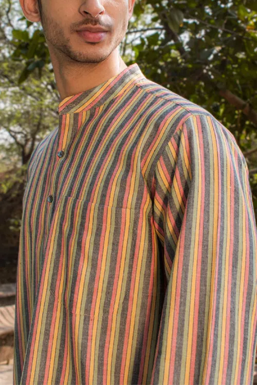 Rangsutra Dhaari Multi Color Striped Handwoven Full Sleeve Pure Cotton Short Kurta