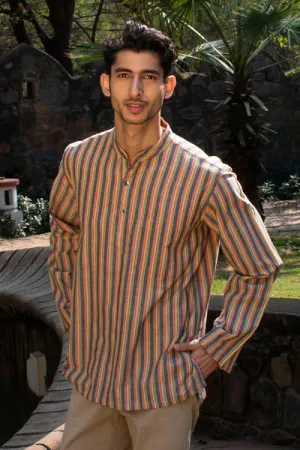 Rangsutra Dhaari Multi Color Striped Handwoven Full Sleeve Pure Cotton Short Kurta