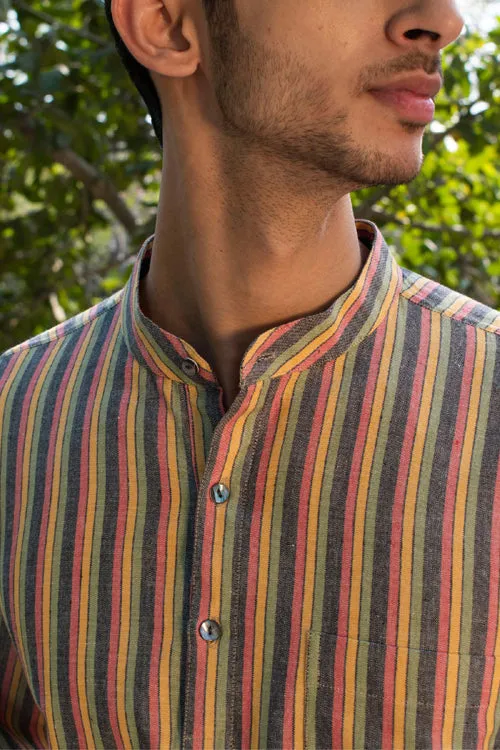 Rangsutra Dhaari Multi Color Striped Handwoven Full Sleeve Pure Cotton Short Kurta
