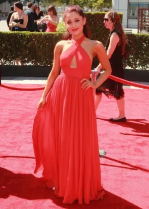 Red Ariana Grande Criss Cross Halter Neck Keyhole Dress Chiffon Prom Red Carpet Formal Dress Primetime Creative Arts