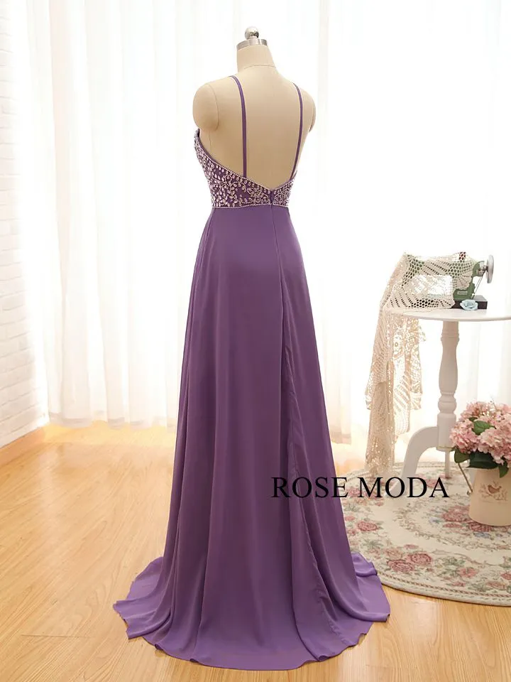 Rosemoda Beaded Chiffon Purple Long A Line Prom Dress