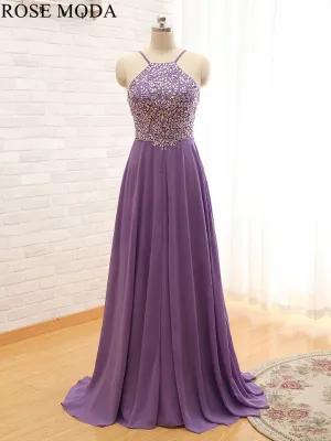 Rosemoda Beaded Chiffon Purple Long A Line Prom Dress