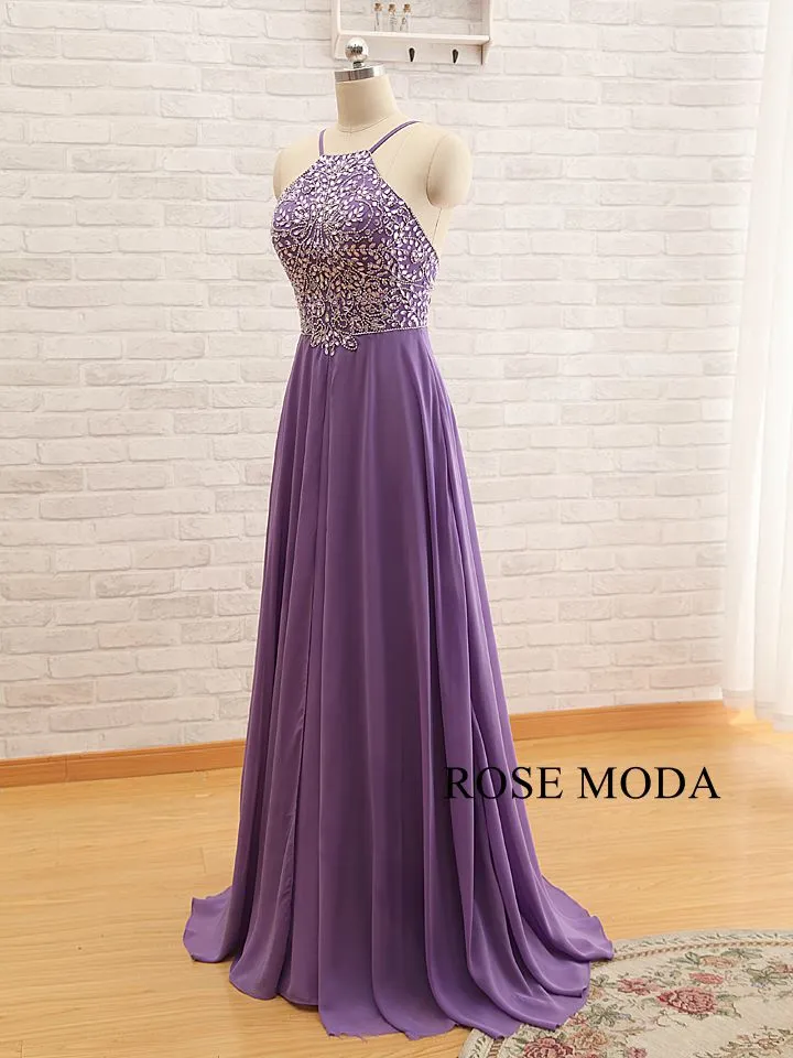 Rosemoda Beaded Chiffon Purple Long A Line Prom Dress