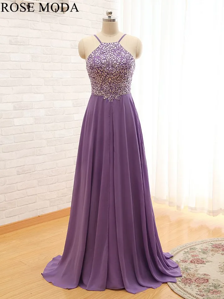 Rosemoda Beaded Chiffon Purple Long A Line Prom Dress