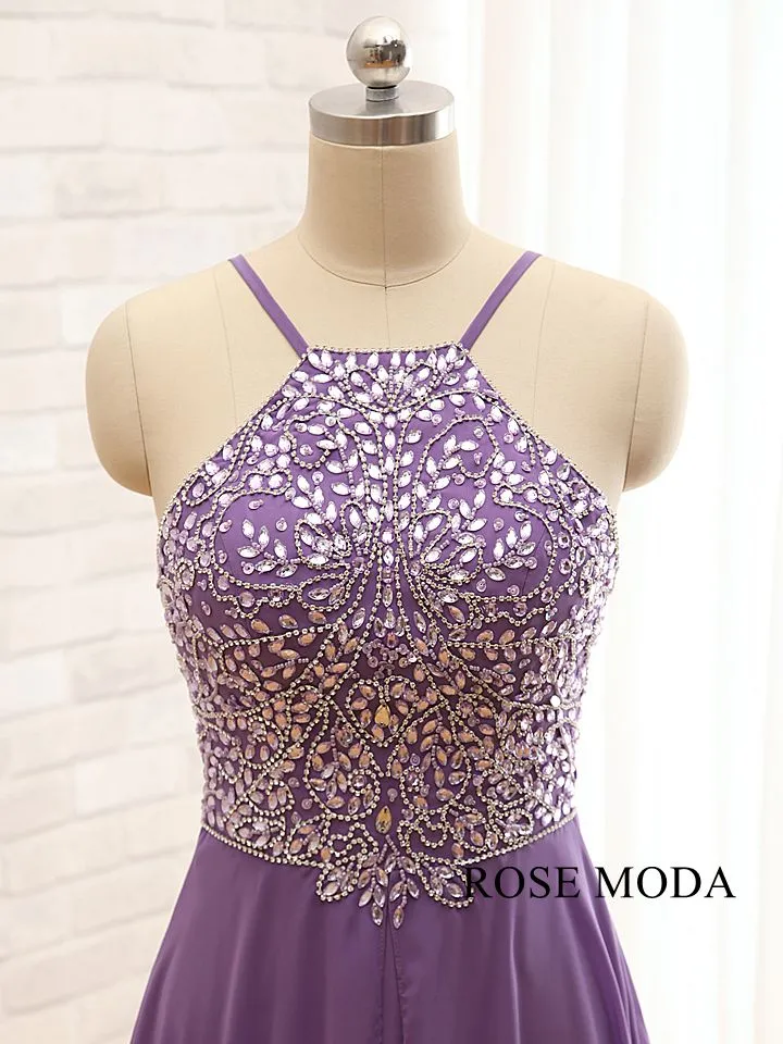 Rosemoda Beaded Chiffon Purple Long A Line Prom Dress