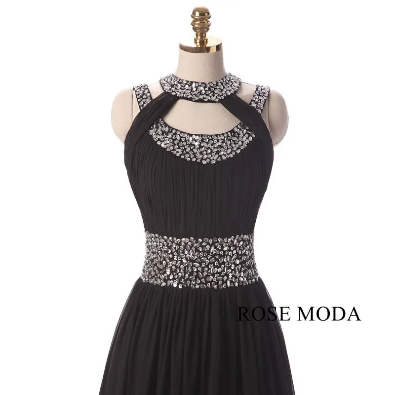 Rosemoda Long Black Beaded Chiffon Prom Dress