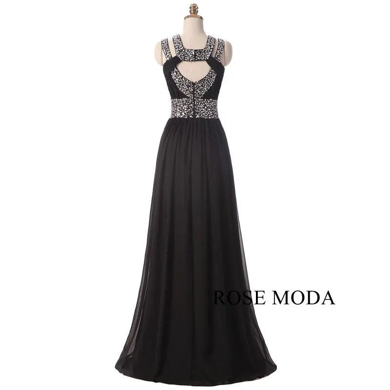Rosemoda Long Black Beaded Chiffon Prom Dress