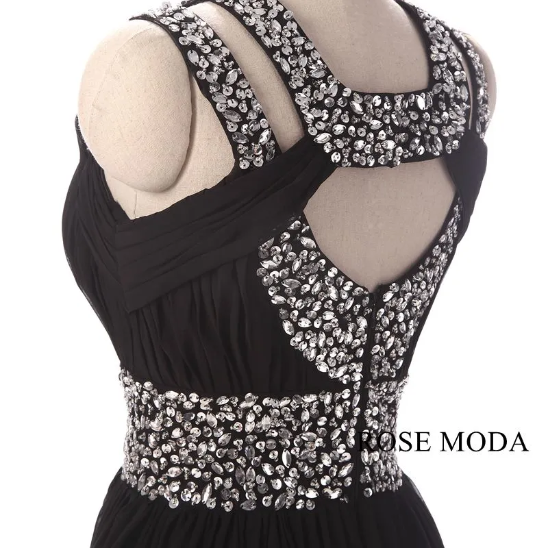 Rosemoda Long Black Beaded Chiffon Prom Dress