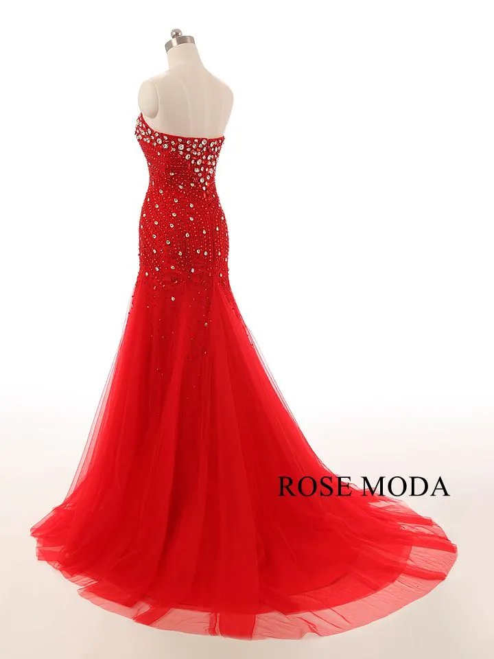 Rosemoda Trumpet Red Beaded Crystal Prom Dress