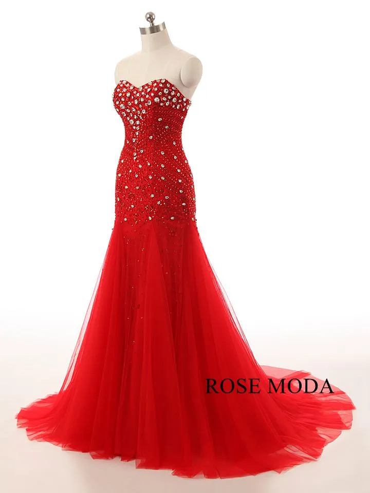 Rosemoda Trumpet Red Beaded Crystal Prom Dress