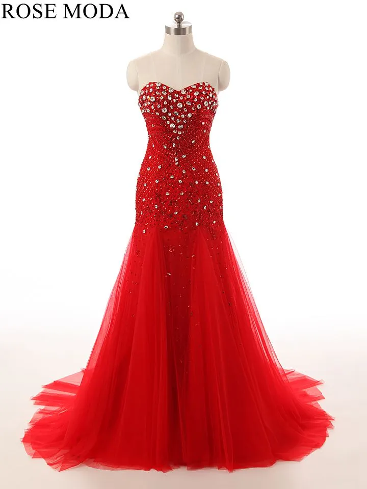 Rosemoda Trumpet Red Beaded Crystal Prom Dress