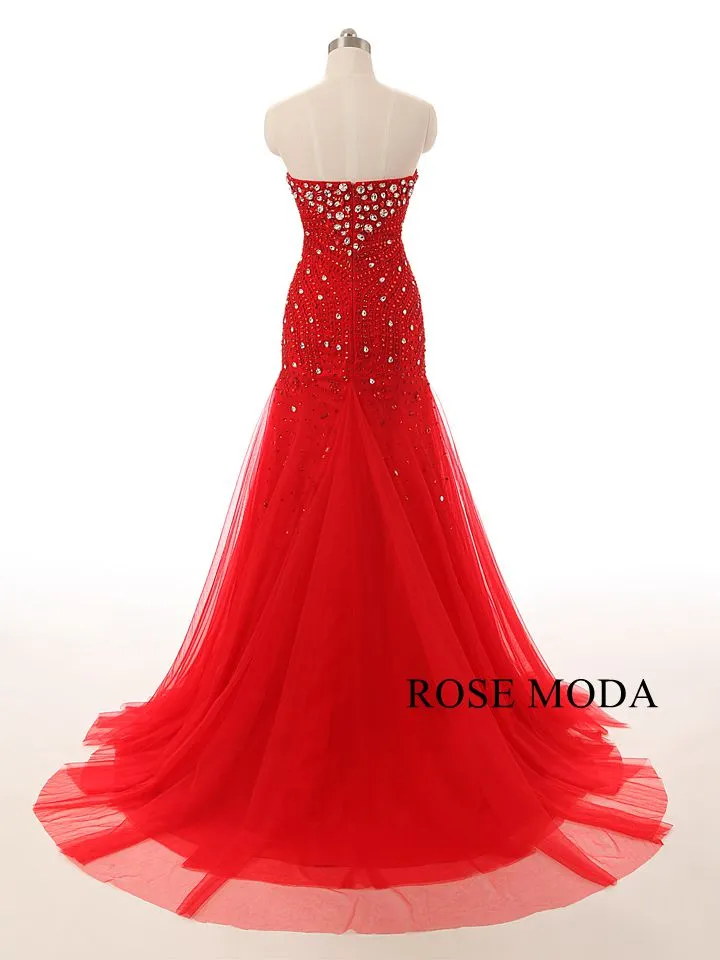 Rosemoda Trumpet Red Beaded Crystal Prom Dress