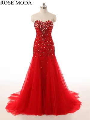 Rosemoda Trumpet Red Beaded Crystal Prom Dress
