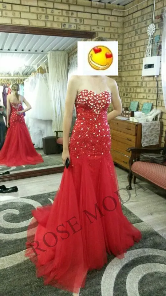 Rosemoda Trumpet Red Beaded Crystal Prom Dress